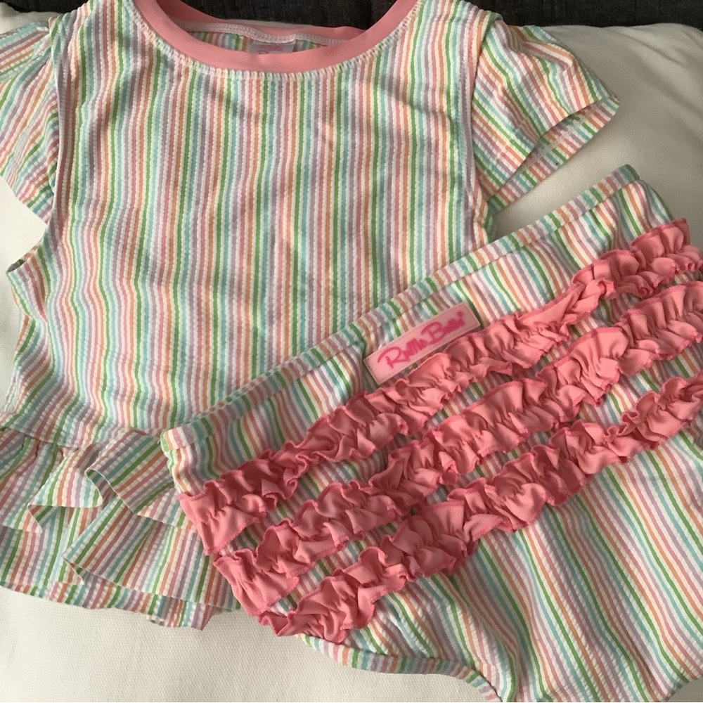 Ruffle Butts Pink Multi-Color Striped Ruffle Swim Set Sz 10